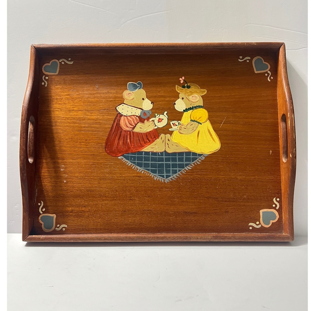 Vintage Goodwood Teak Wood Tray Teddy Bear Tea Party Hand Painted Folk Art 19in